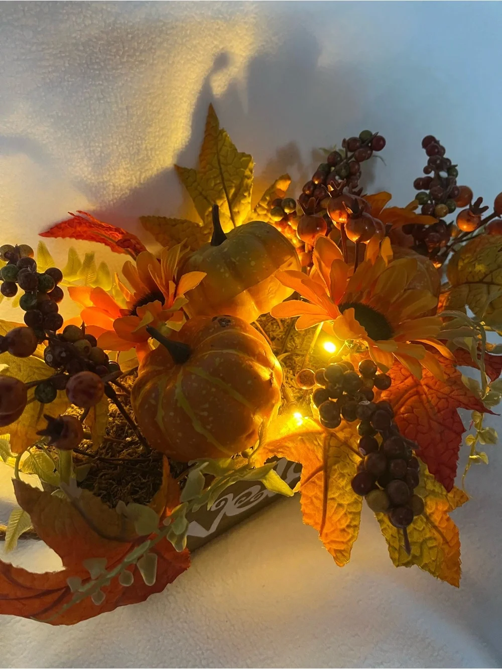 Welcome Centerpiece Box with Orange Fall Foliage and Lights
